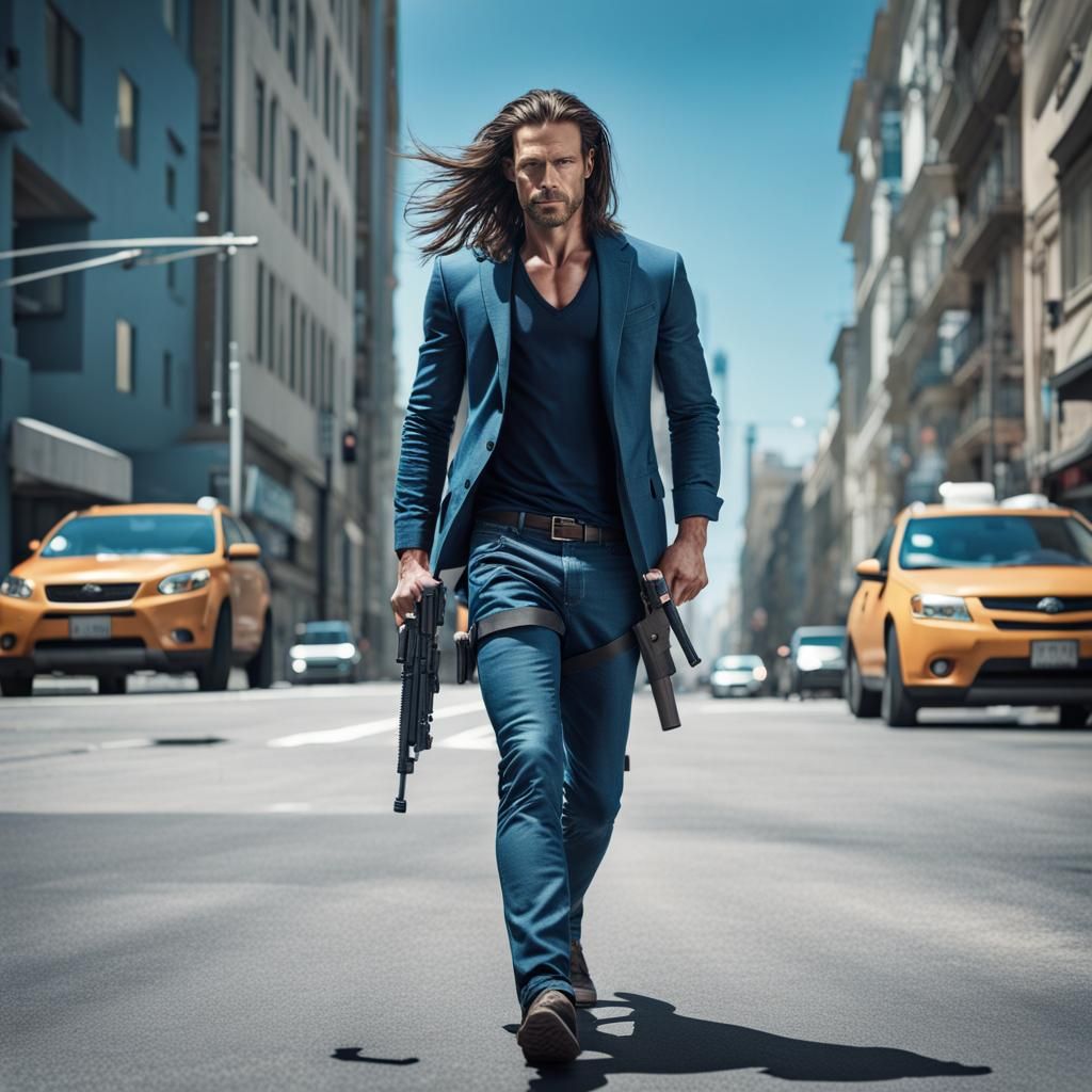 Good Looking Man with Gun in Sci-Fi City
