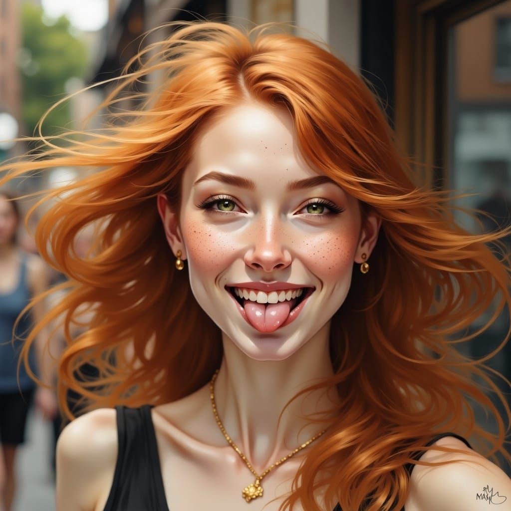 Freckled Redhead with Tongue Out Smiling