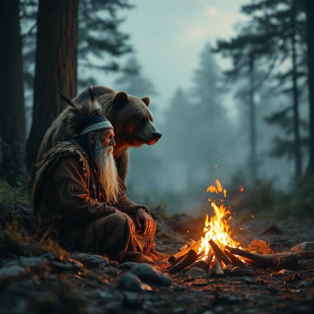Native American Elder and Bear by Campfire, Mystical Landsca...