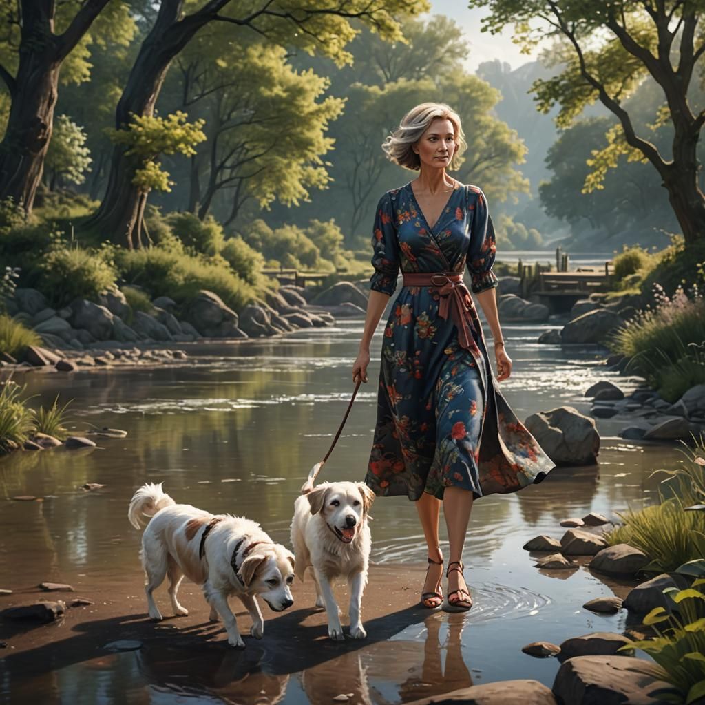 Woman Walking Dog in Detailed Matte Painting