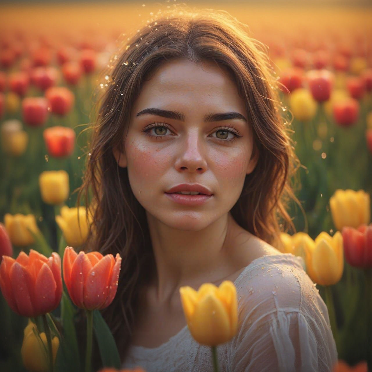 Sad Woman Crying in a Rainy Flower Field