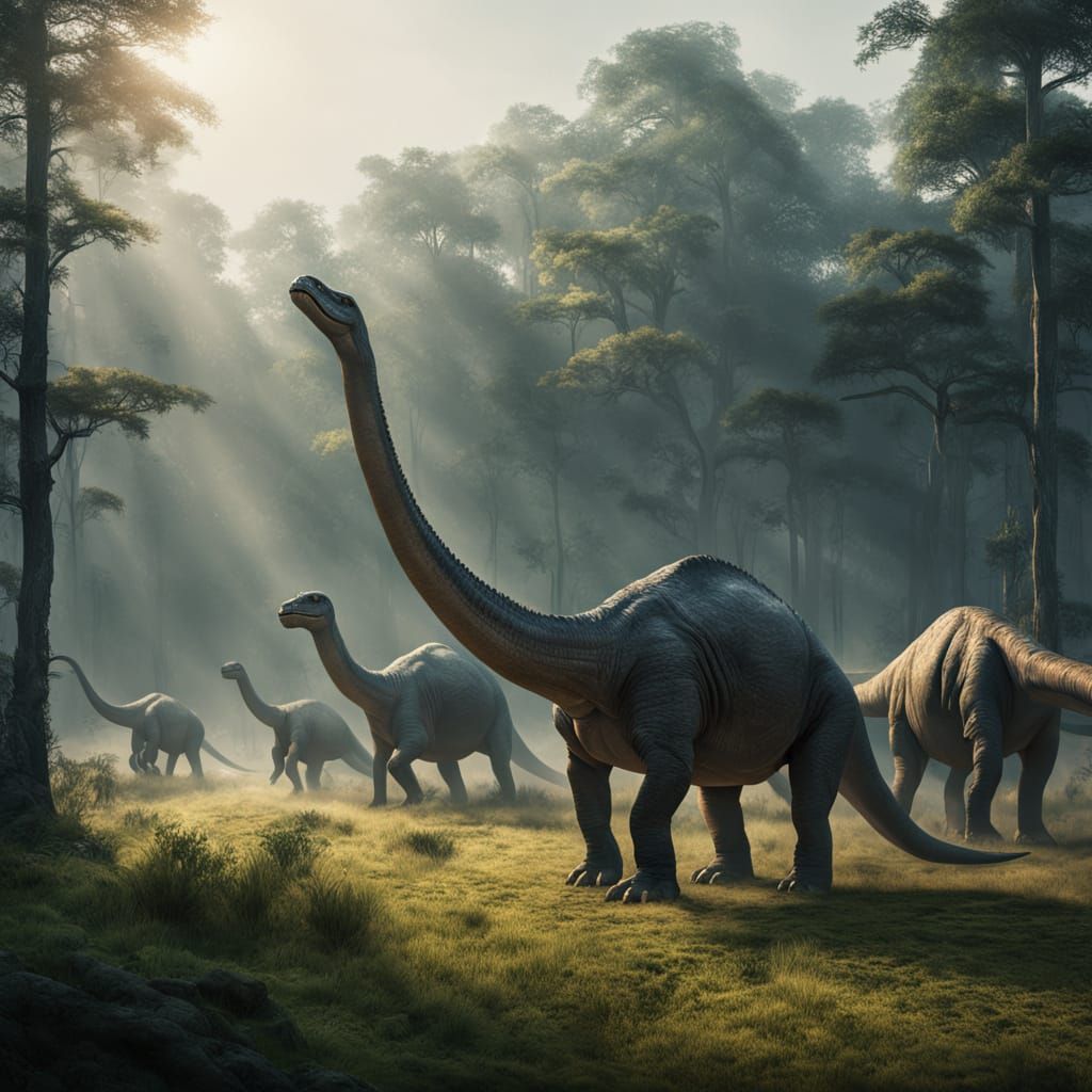 Brontosaurus Herd in Prehistoric Landscape