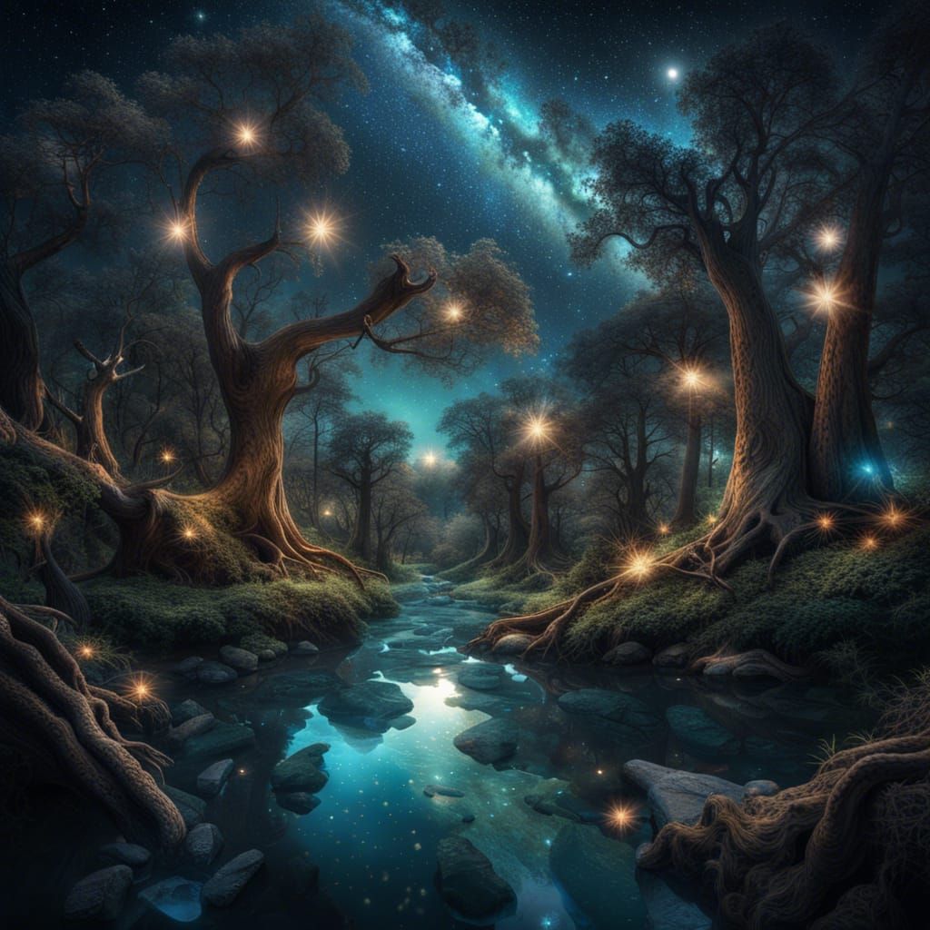 Luminous Forest Scene with Mythical Creatures