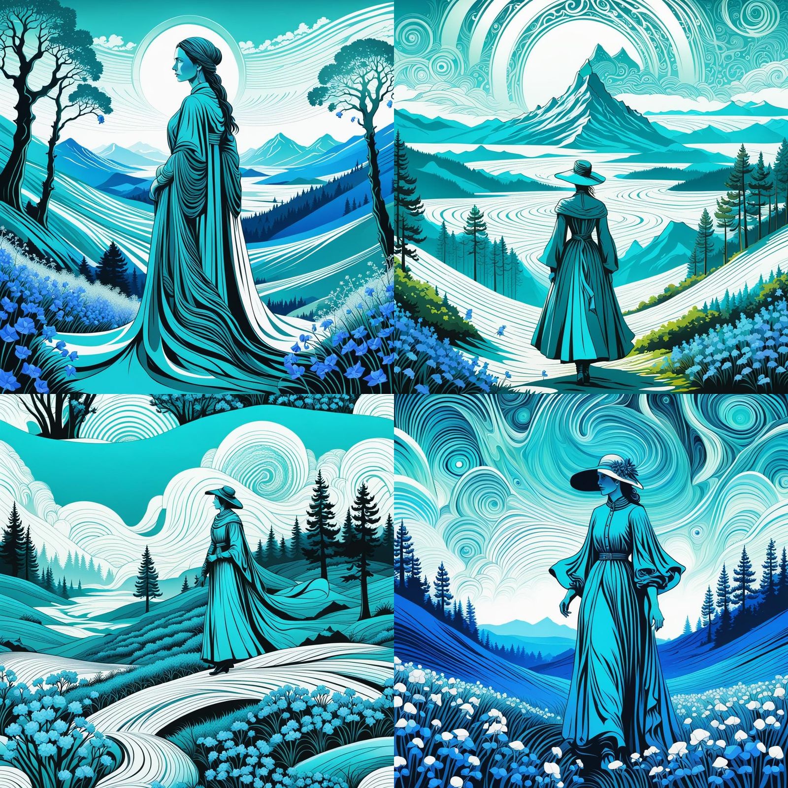 Romantic Landscape with Bluebells in Turquoise Shades