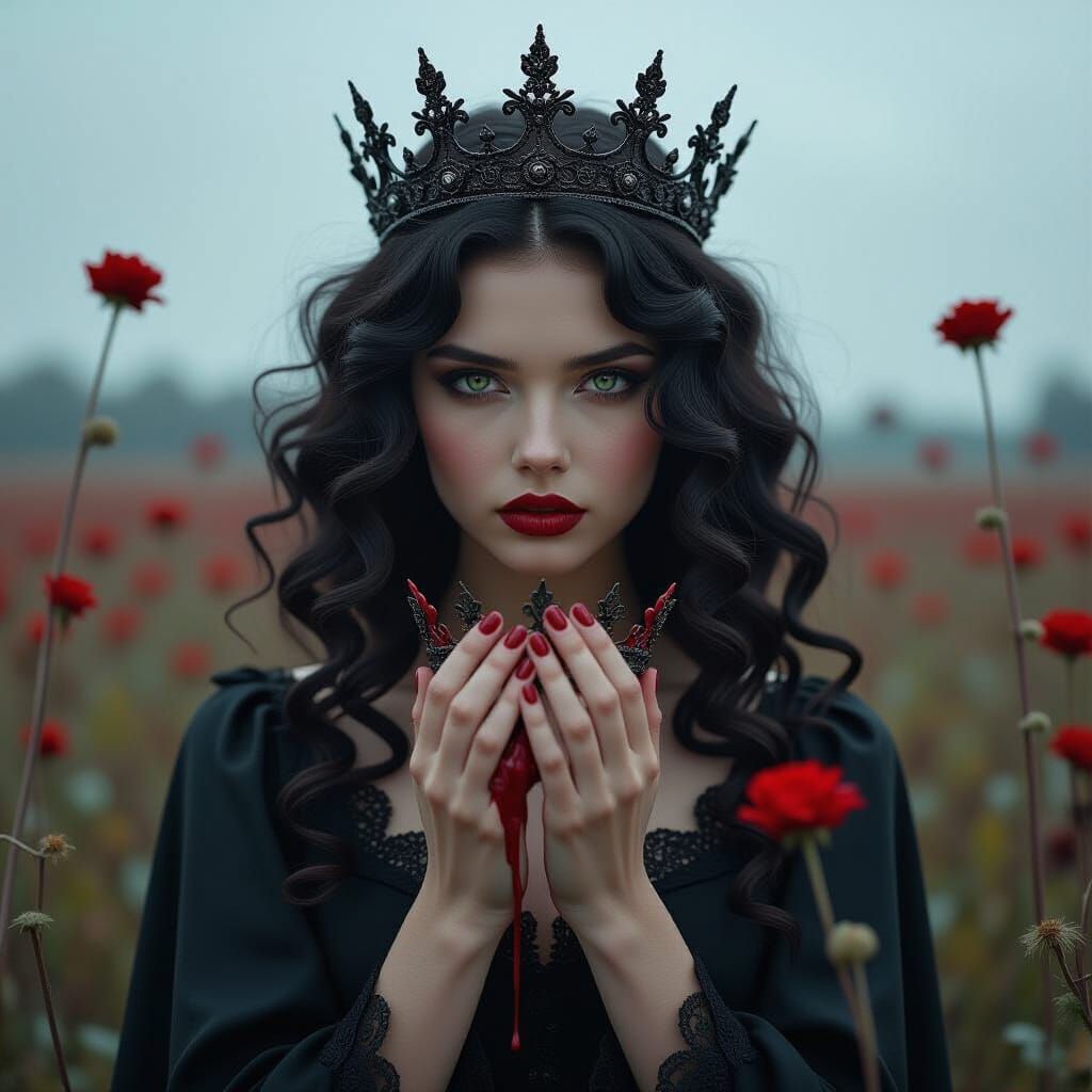 Despairing Queen in Field of Withered Flowers