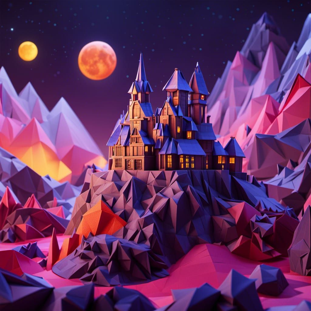 Detailed Origami Castle Under Night Sky