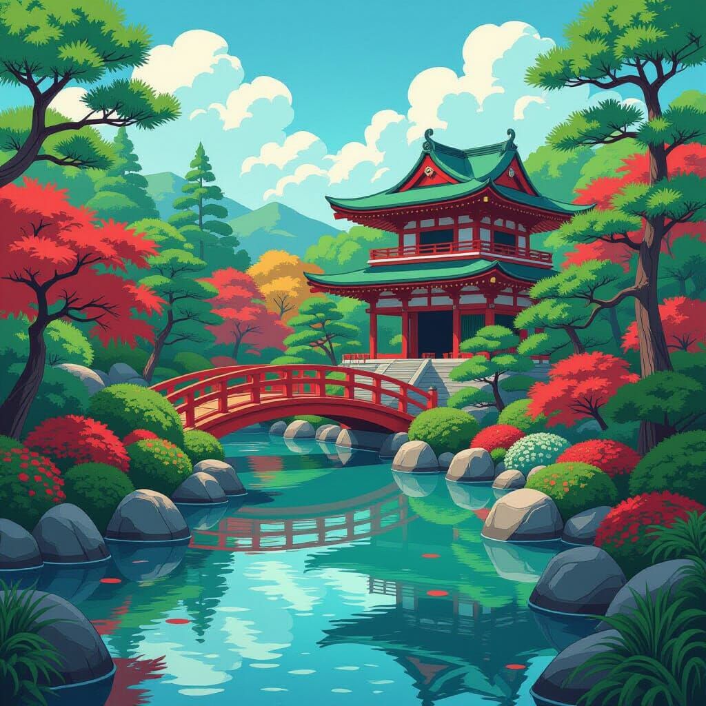 Japanese Garden in Vibrant Crimson and Turquoise