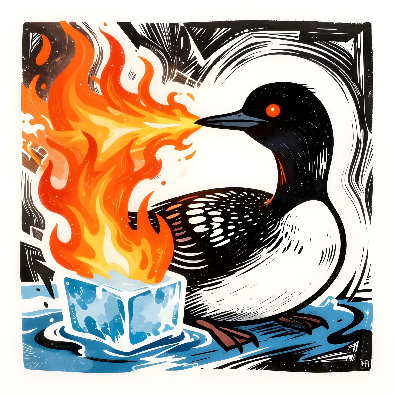 Loon with Laser Eyes Exhaling Fire in Linocut Style