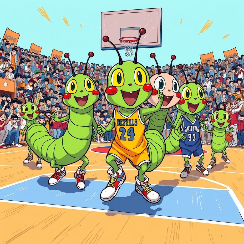 Caterpillars Play Basketball in Anime Style