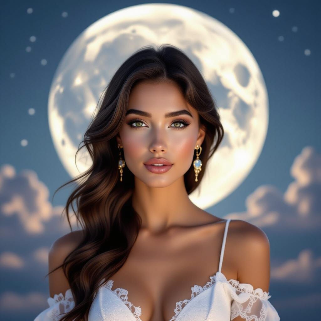 Woman with Fox in Dreamscape Under Full Moon