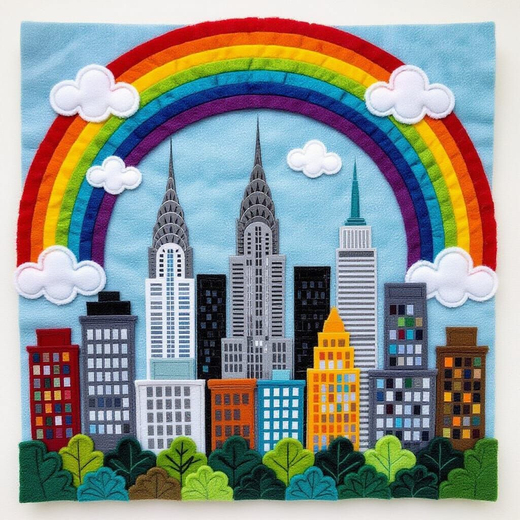 New York City Felt Picture with Rainbow Fabric Texture