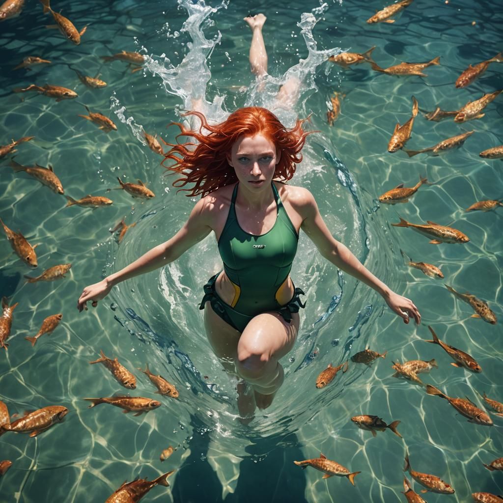 Woman with Red Hair Swimming in Pool: Fantasy Art