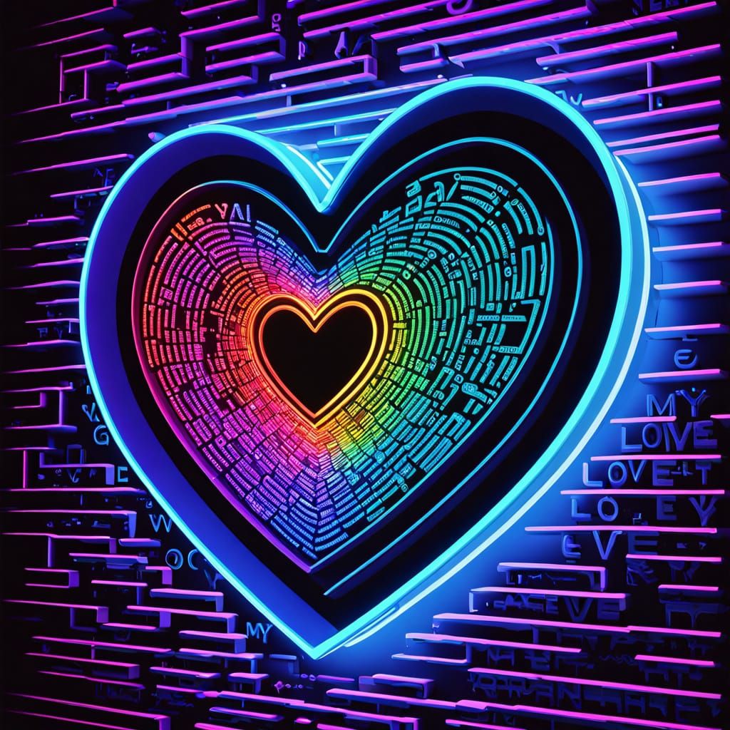 Matrix Love Heart with Neon Text: 3D Digital Art