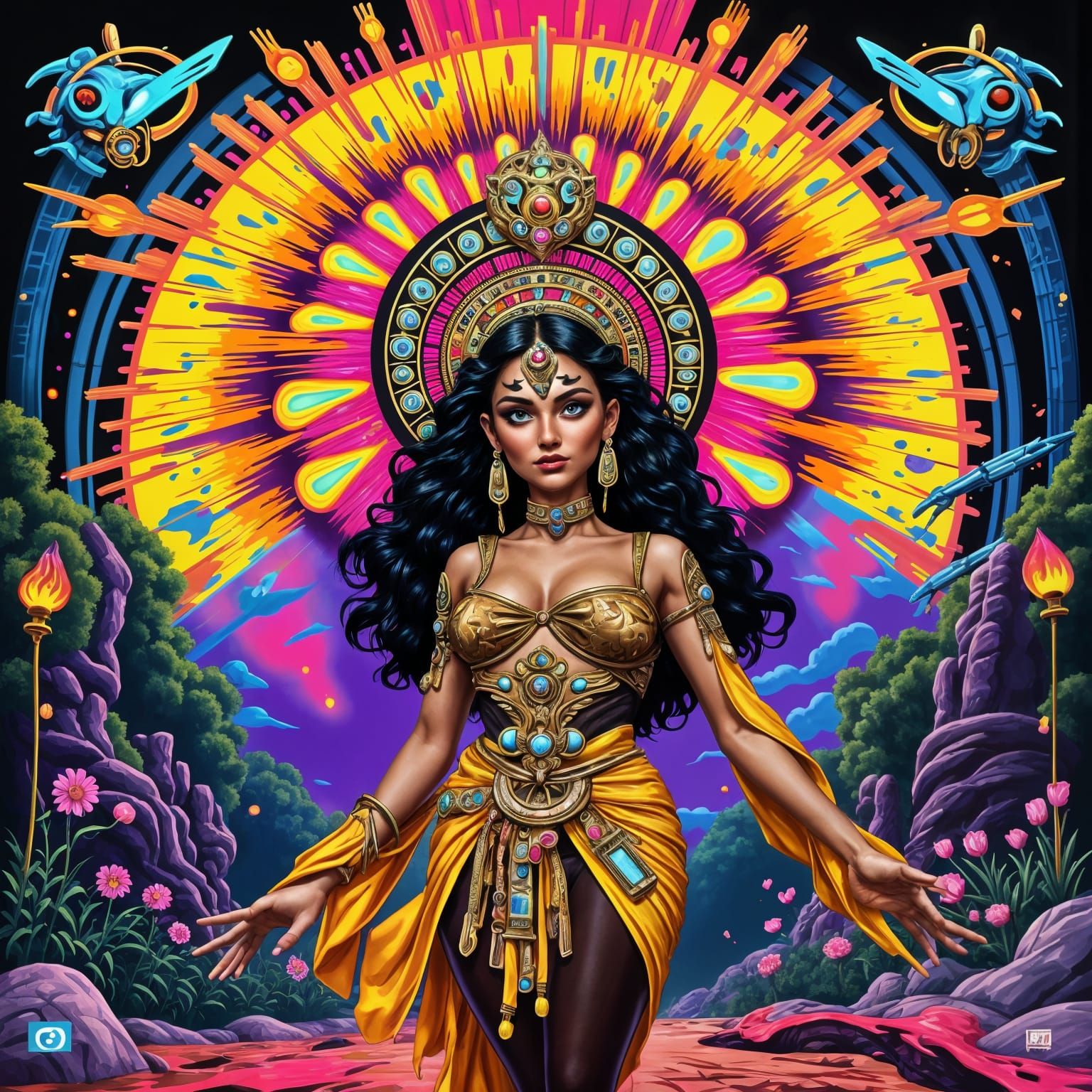 Ethereal Cyberpunk Goddess of Aztec Beauty in Triadic Colors