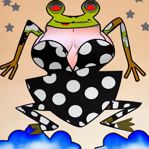 Frog Woman in Cow Bikini Floats in Egg Cloud Sky
