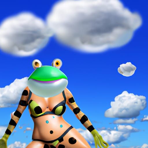 Frog Woman in Cow Bikini Floats in Egg Cloud Sky