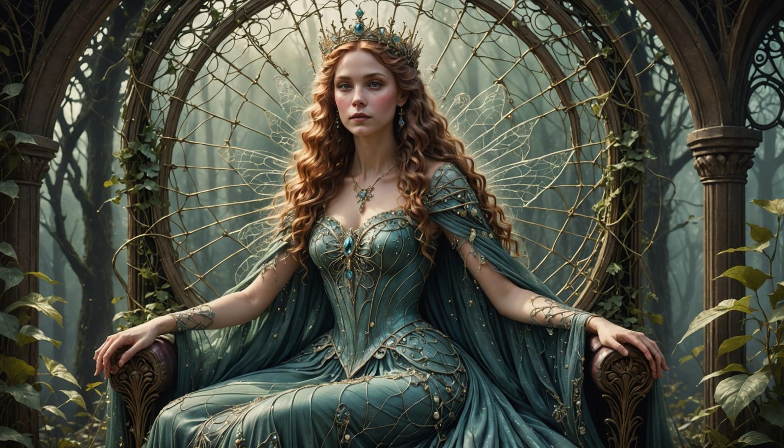 Fairy Queen on Spiderweb Throne in Art Nouveau Style