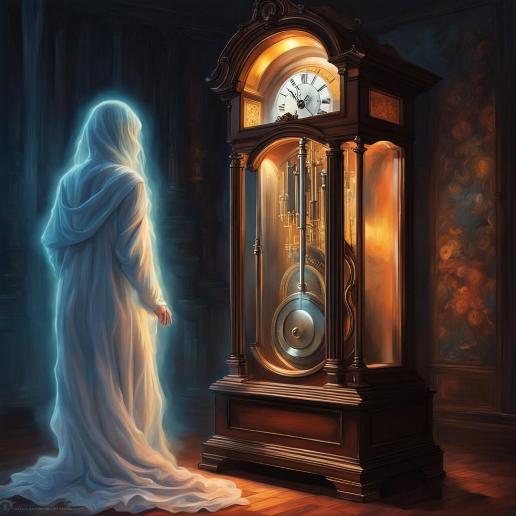 Translucent Ghost Kneeling Before Grandfather Clock