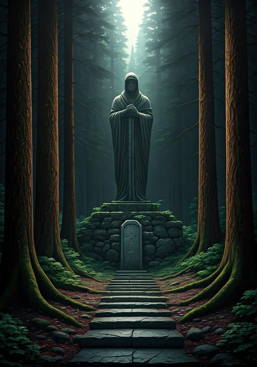 Foreboding Forest Edge with Guardian Statue