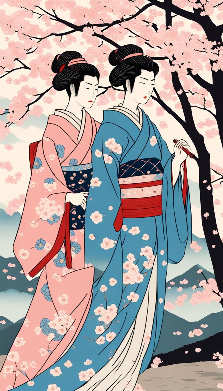 Geisha and Samurai Under Cherry Blossoms in Ukiyo-e Style