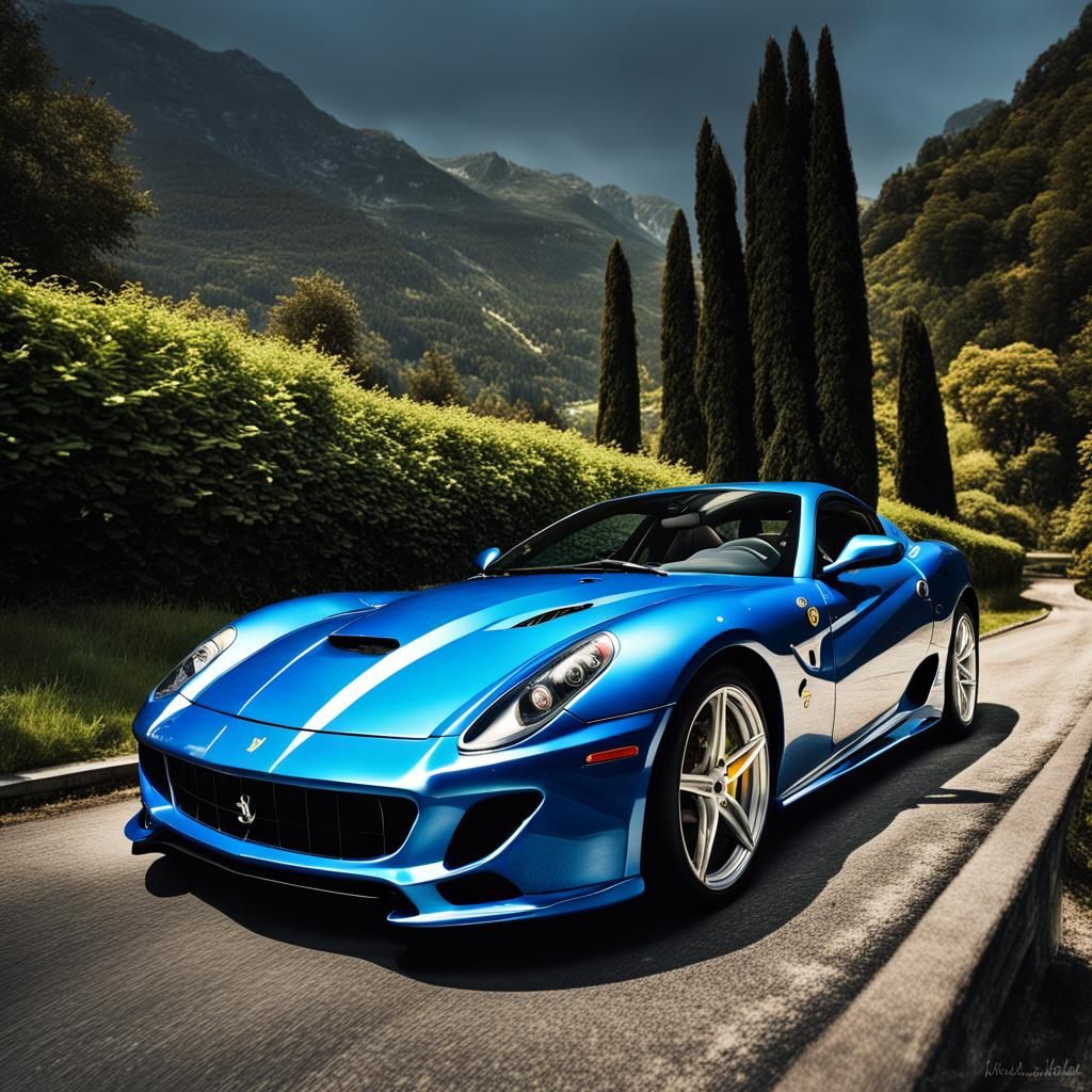 Blue Ferrari 599 GTO on Lake Como