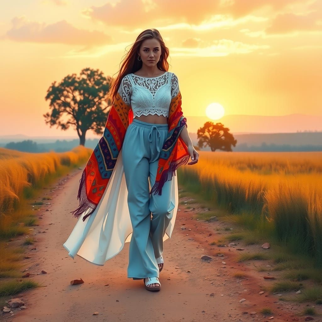 Woman Walking to Sunset as Atmospheric Watercolor