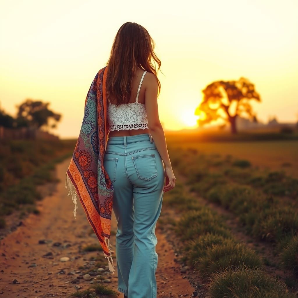 Woman Walks Towards Golden Sunset in Painterly Style