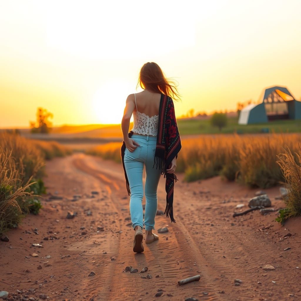 Woman Walks Toward Sunset in Watercolor Style