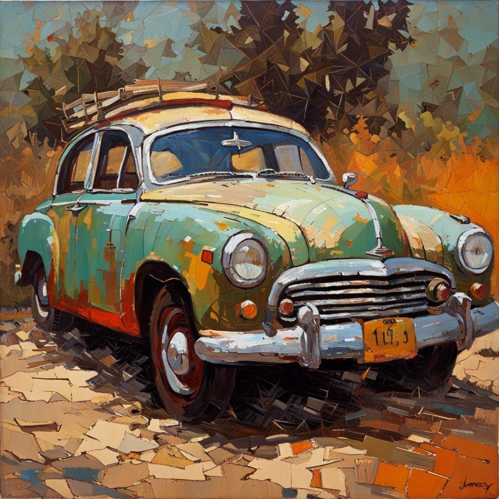 Vintage Car in Tile Art Style