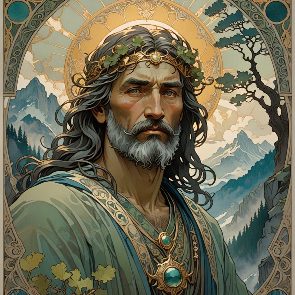 Solemn Art Nouveau God with Three Faces in Regal Attire