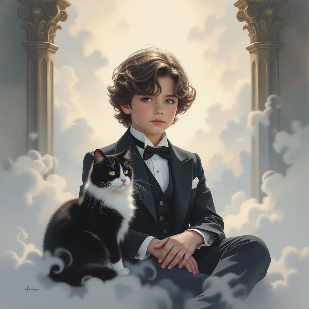 Boy and Cat in Ethereal Mist, Hyperdetailed Charcoal Drawing