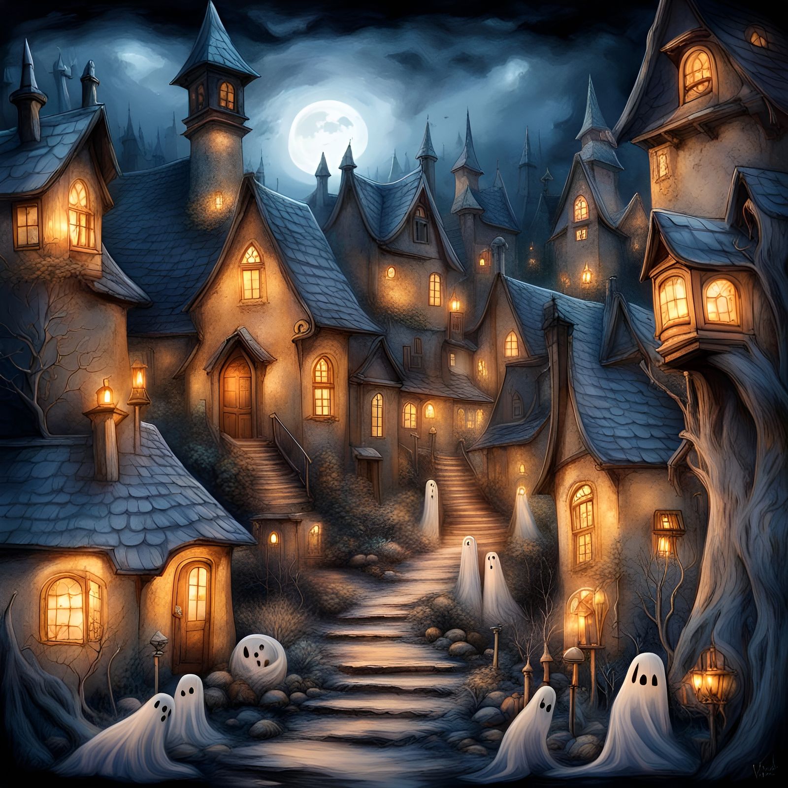 Ghostly Figures in Spooky Village