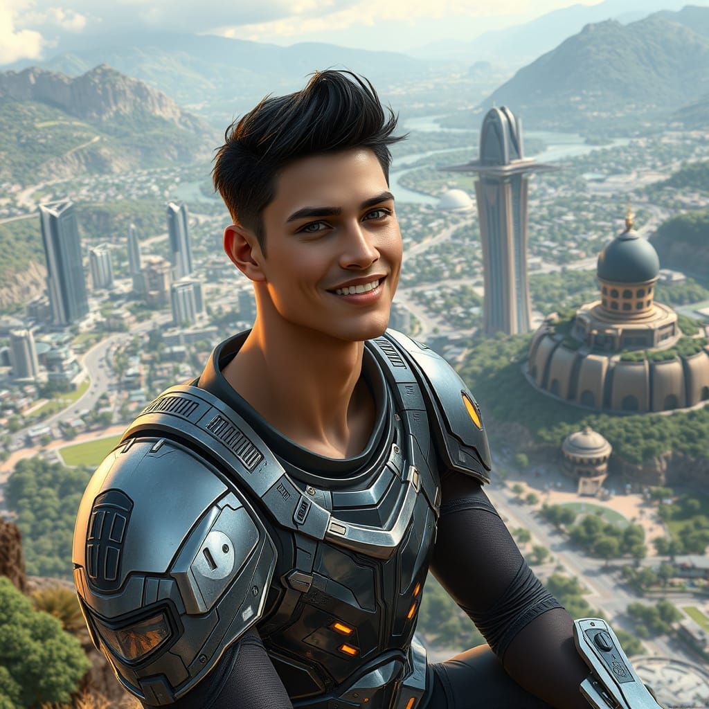 Young Solarpunk Warrior in Hyperrealistic Futuristic Landsca...