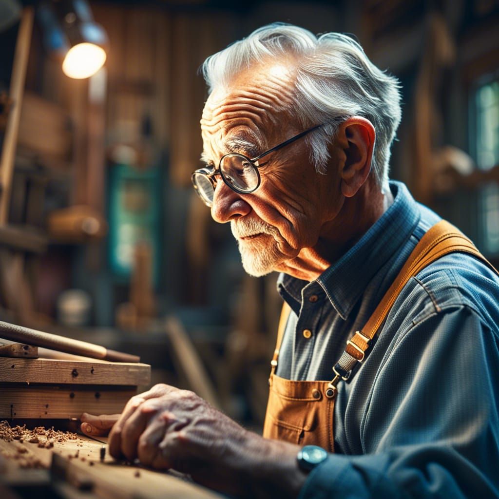 Elderly Woodworker Portrait in Hyperrealistic Style