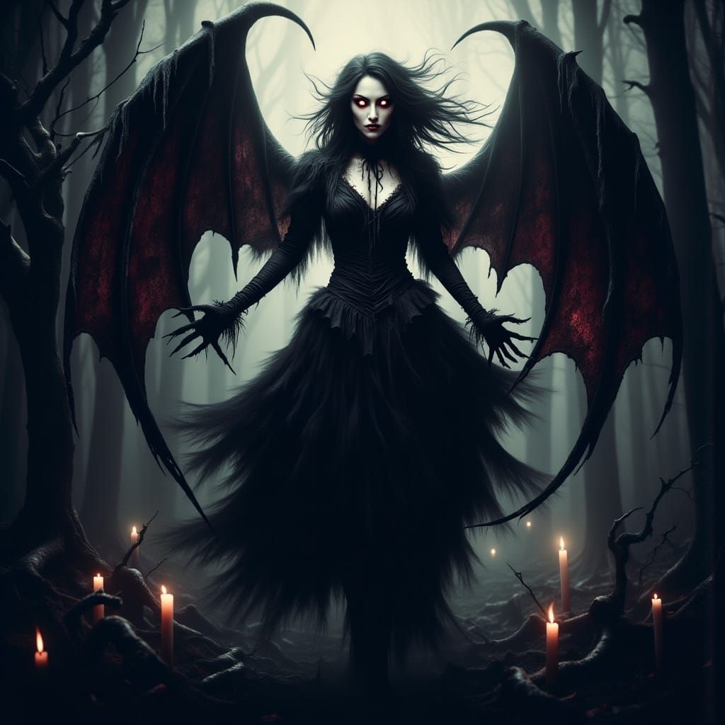 Dark Bloodmoon Fairy in Victorian Attire Unfurls Her Wings