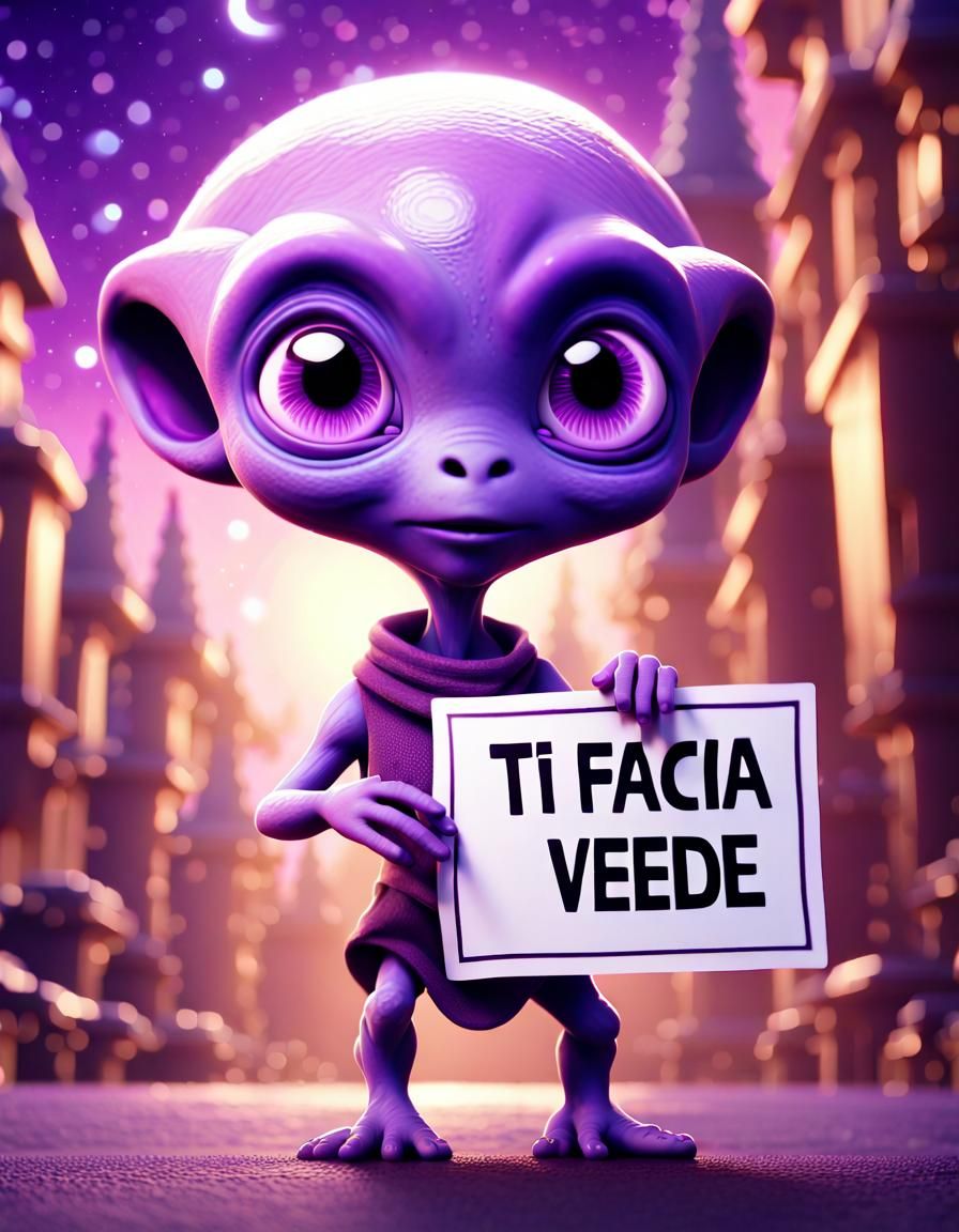 An adorable and beautiful little purple alien holding a sign...