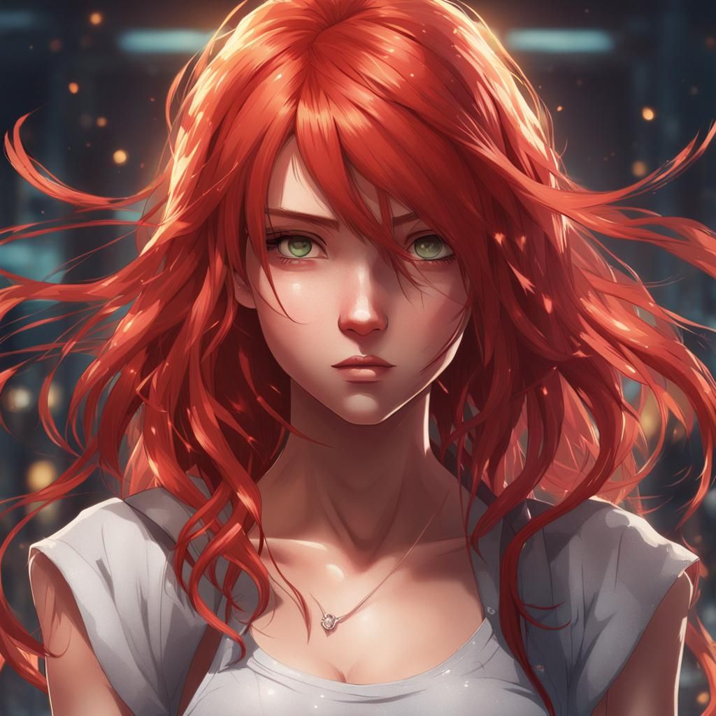 Red-Haired Manga Girl: Hyperdetailed Digital Art