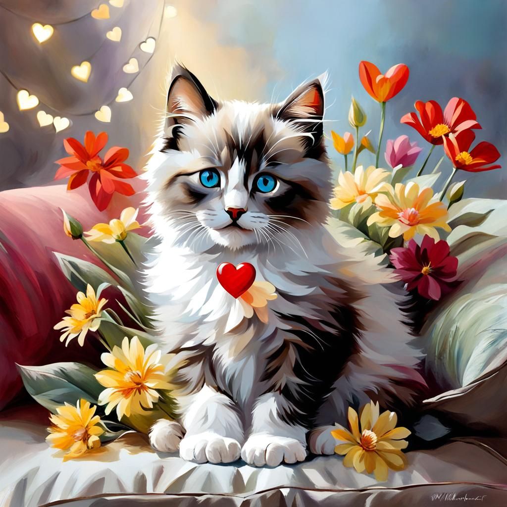 Ragdoll Kitten Surrounded by Flowers, Ethereal Art