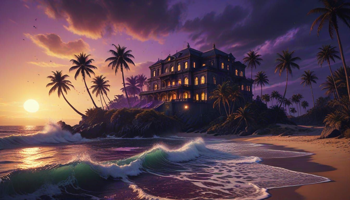 Surreal Mansion on Caribbean Shore Under Black Sun