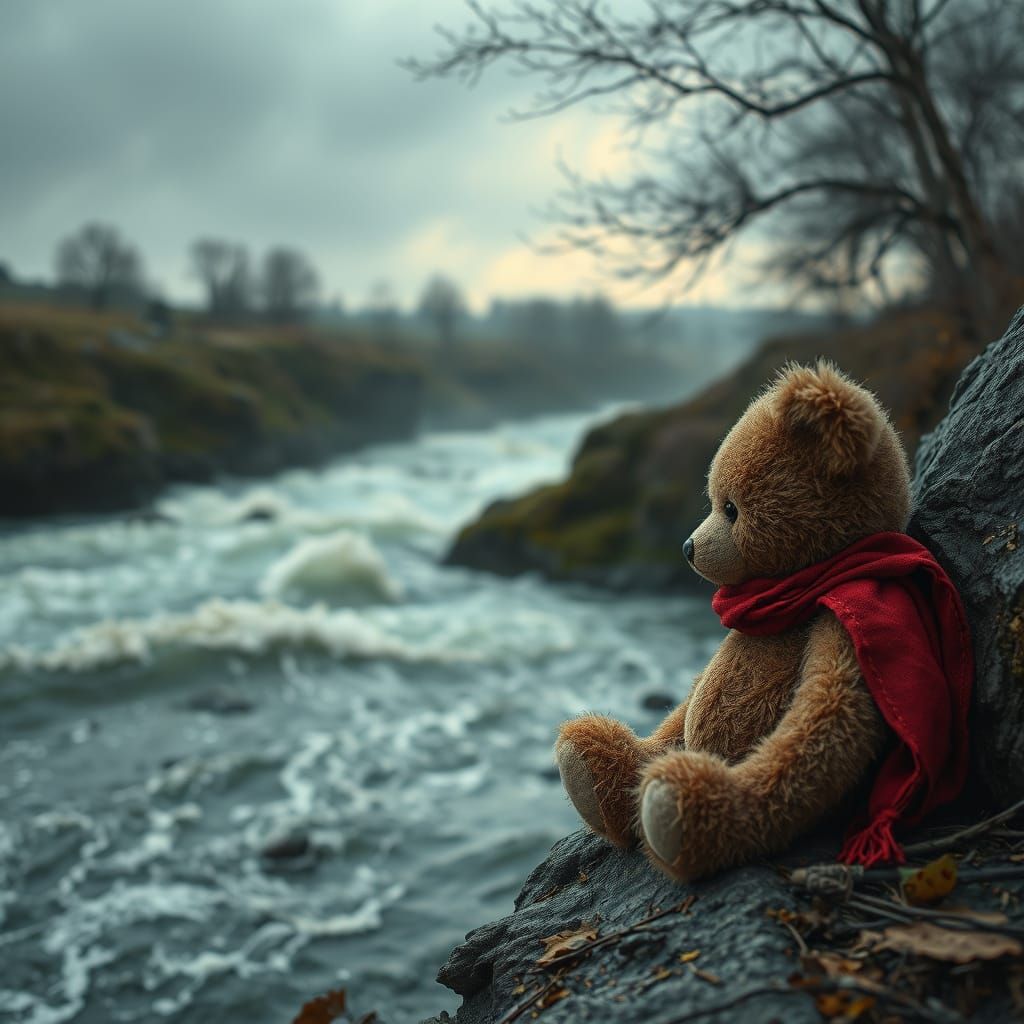 Abandoned Teddy Bear by Swollen River, Moody Landscape