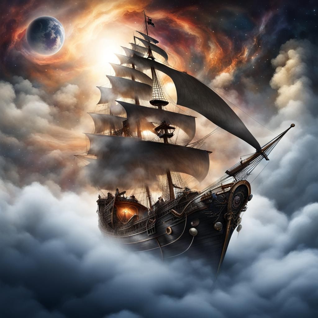 Musical Pirate Ship Soaring Through Clouds