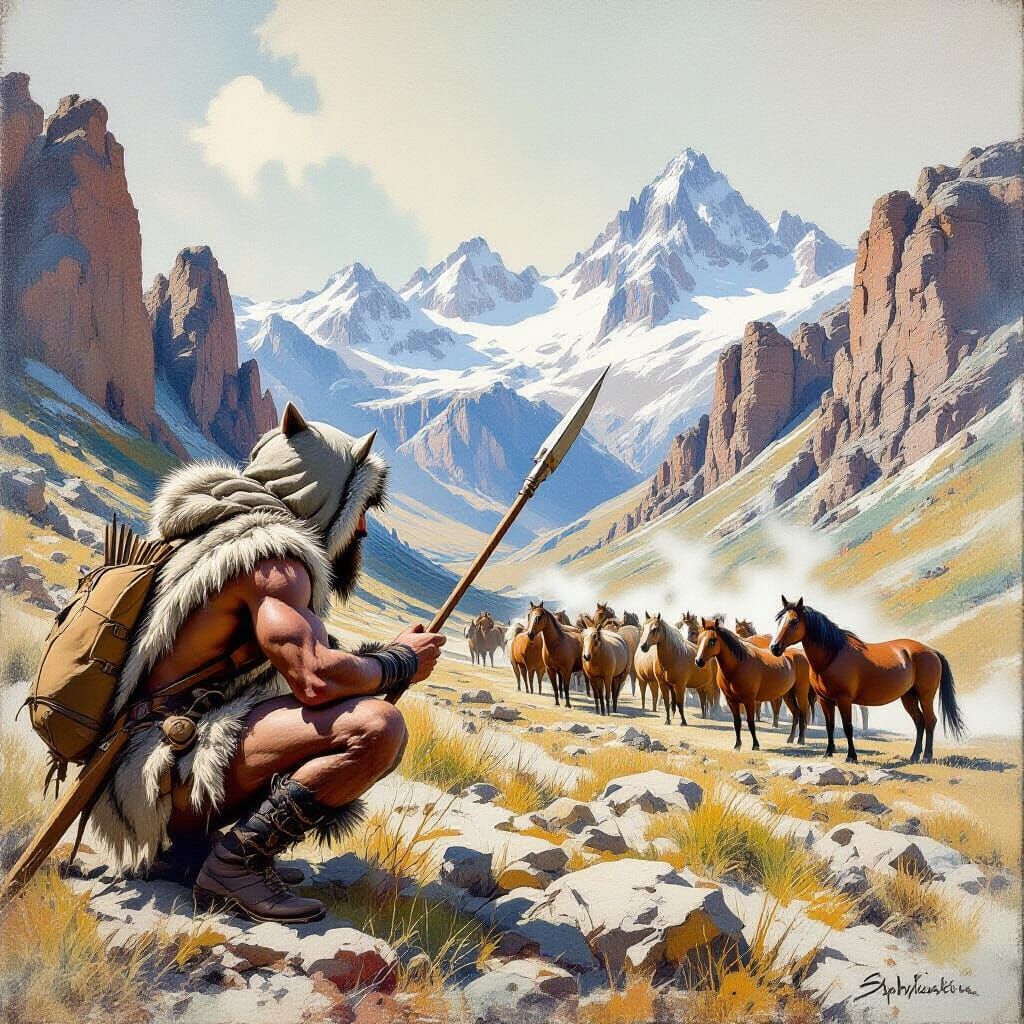 Cro-Magnon Hunter Stalks Horses in Surreal Style