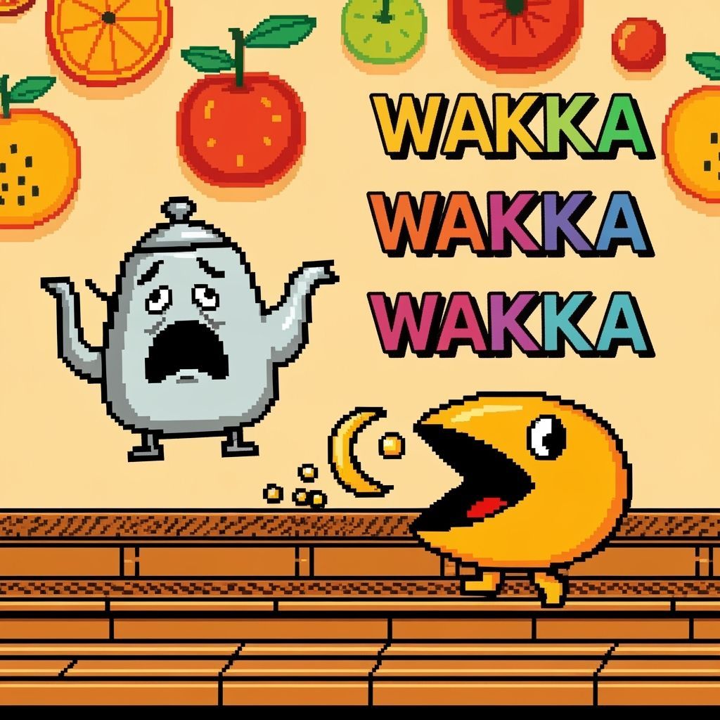 Pixelated Teapot Chase in Retro Video Game