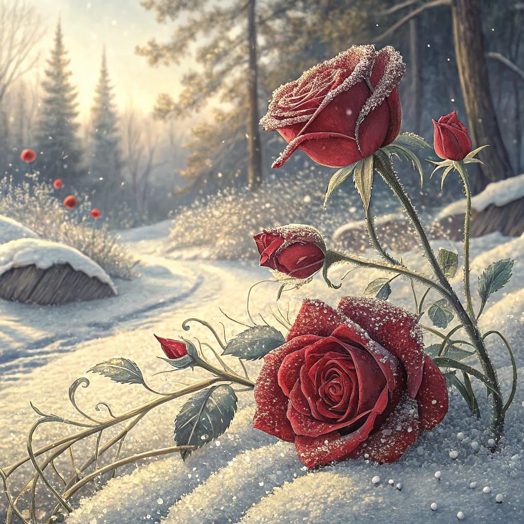 Velvet Roses on Snow in Luxurious Art Nouveau Style