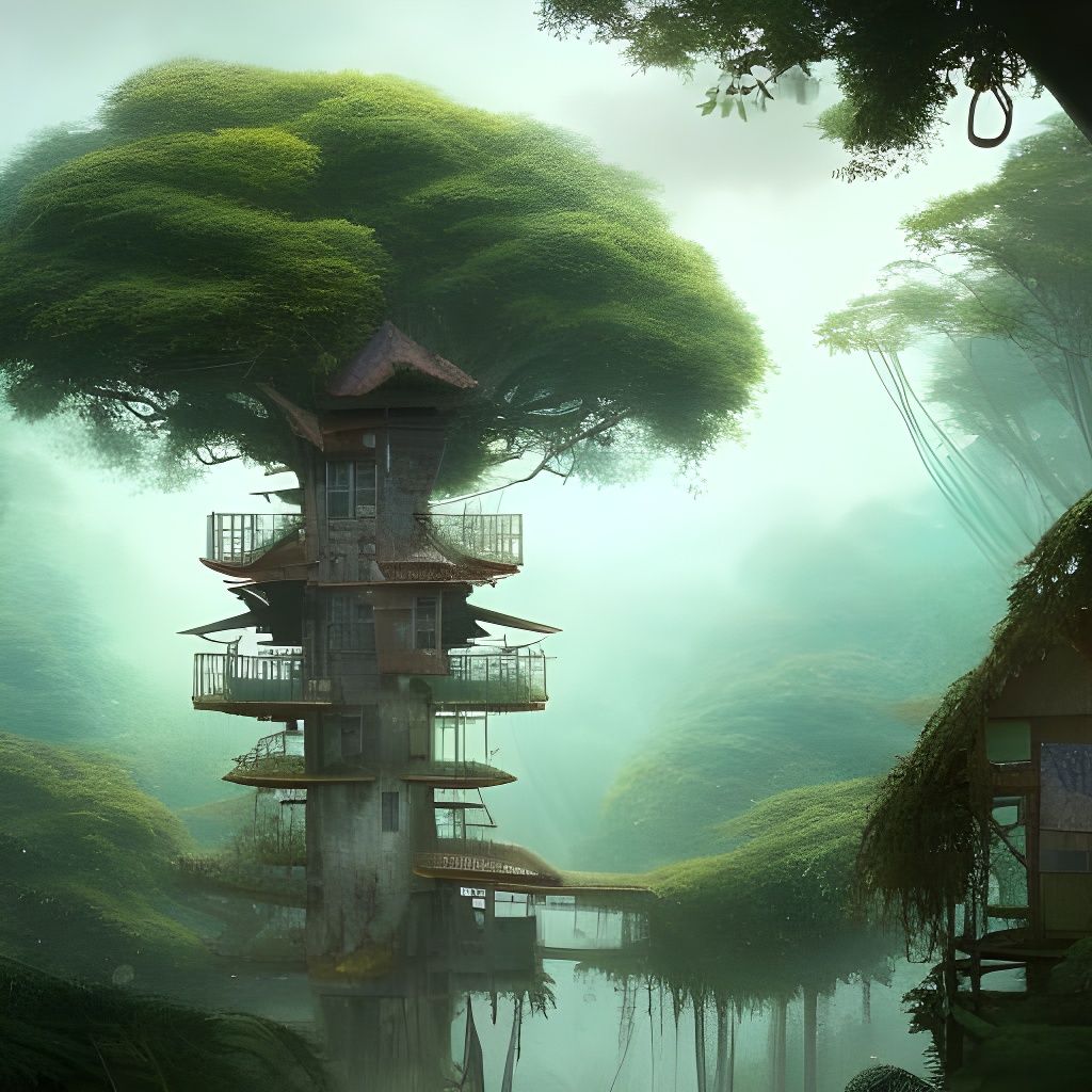 Jungle Treehouse Village: Hyperdetailed Fantasy Art