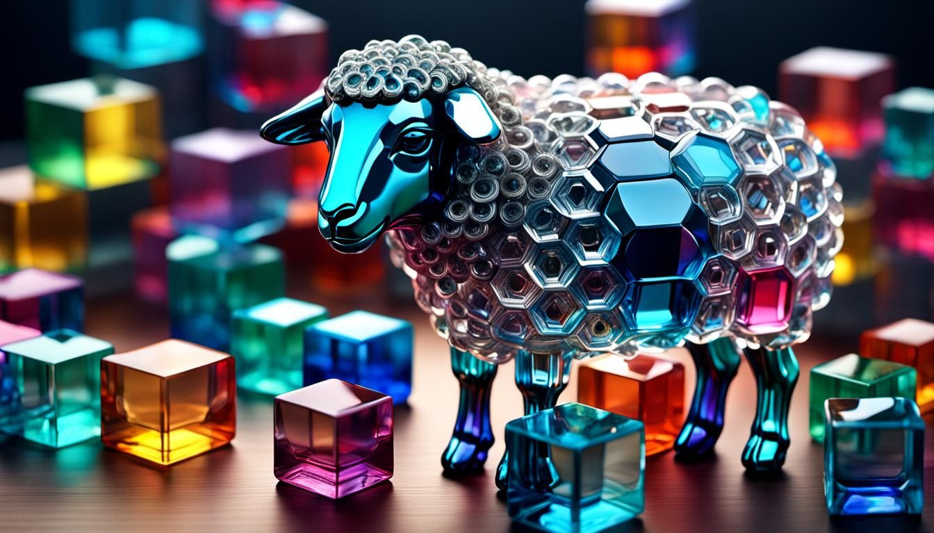 Crystal Sheep with Glass Cubes, Realistic 3D Render