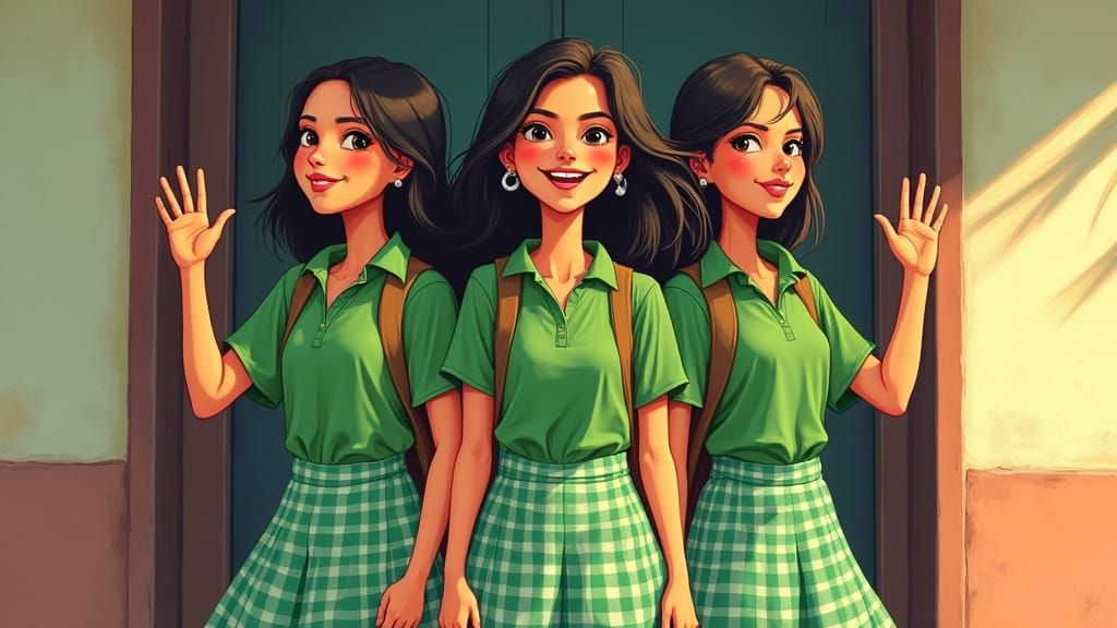 Cartoon Indian Girls Waving in Classroom, Vibrant Colors