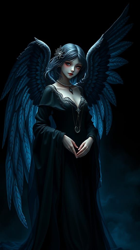 Hyperrealistic Anime Figure with Sable Wings in Ethereal Bla...