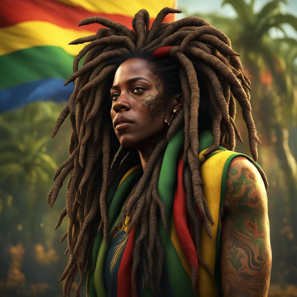 Smiling Rastafarian Woman Portrait in Reggae Colors