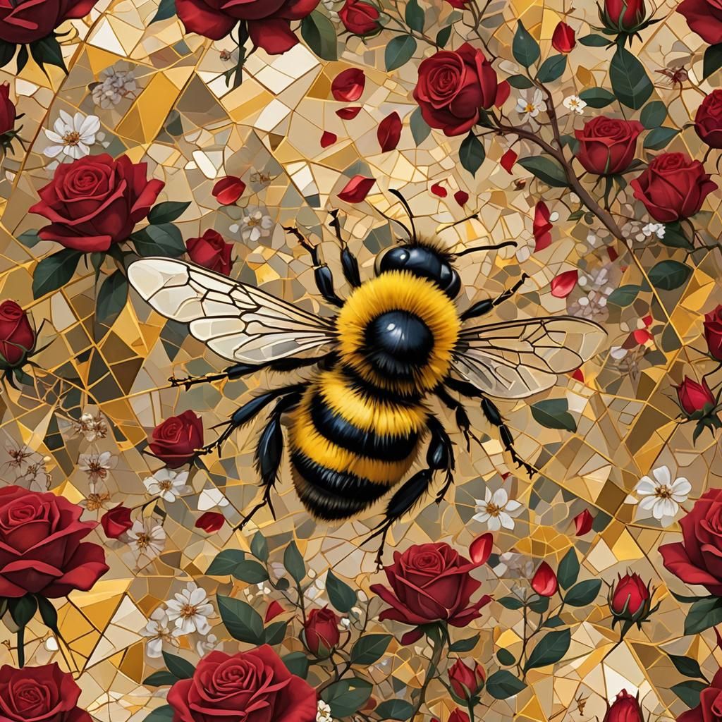 Geometric Bumblebee over Red Rose in Byzantine Style